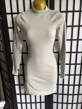 OQQ Ribbed Long-Sleeve Mock Neck Dress - Light Gray